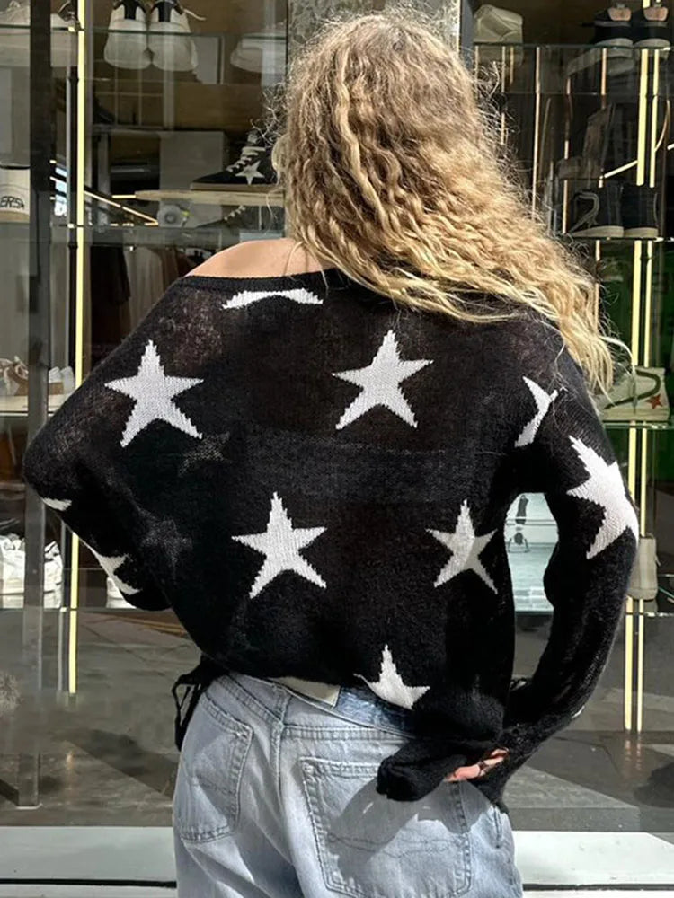 Street Stars Printed irregular Wide Collar Sweater Hot Girl Loose Thin Ripped Knit Sexy See Through Pullovers Long Sleeve