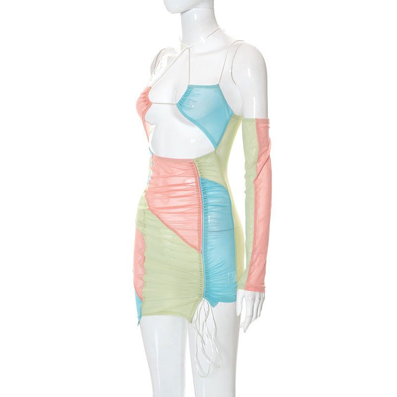 Patchwork Ruched Halter Cutout Drawstring Side Bodycon Mini Dress
