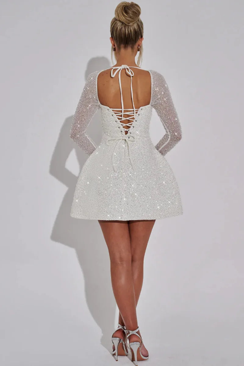Square Neck Long Sleeve Sequin Fit and Flare Mini Dress