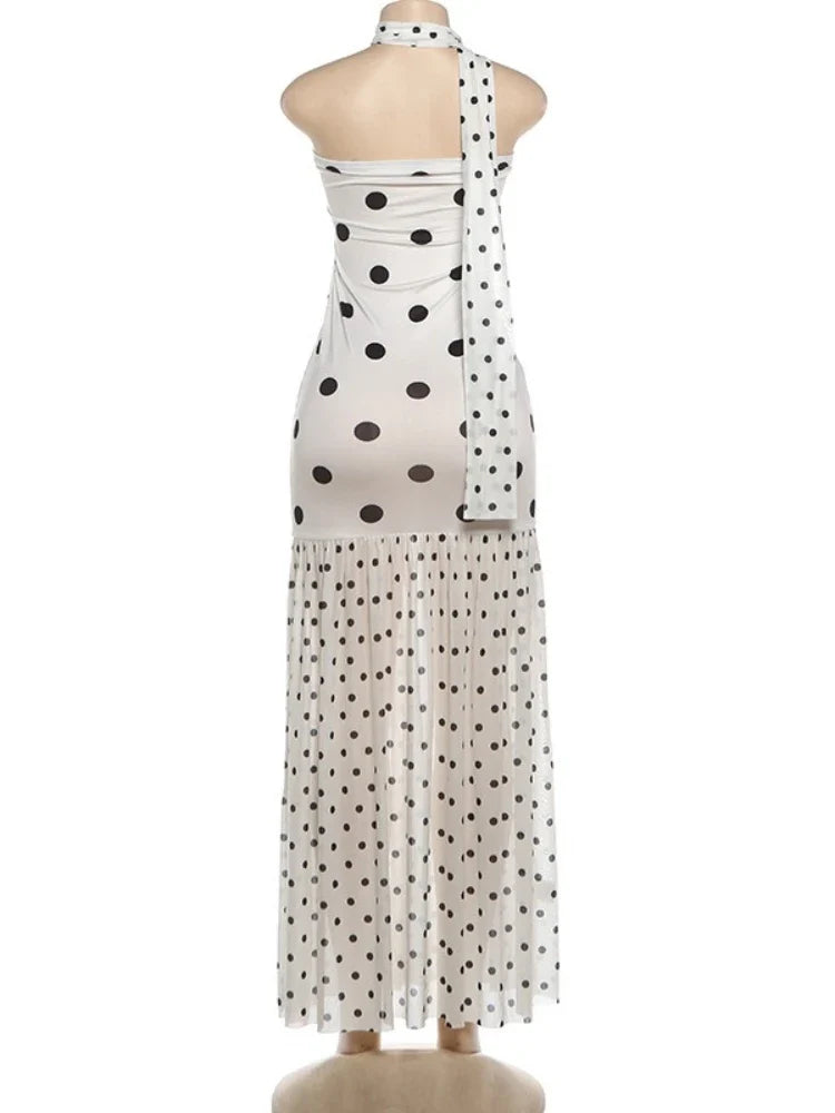 Sexy White Dot Print Strapless Maxi Dress with Matching Scarf for Women Summer Sleeveless Mesh Patchwork Vacation Dress
