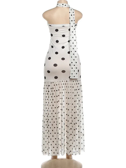Sexy White Dot Print Strapless Maxi Dress with Matching Scarf for Women Summer Sleeveless Mesh Patchwork Vacation Dress