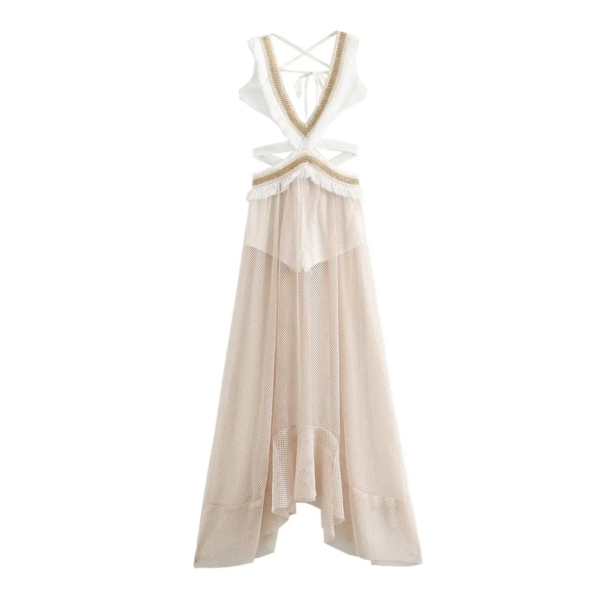 Deep V Neck Ruffle Trim Waist Cutout Tiered Mesh Maxi Dress