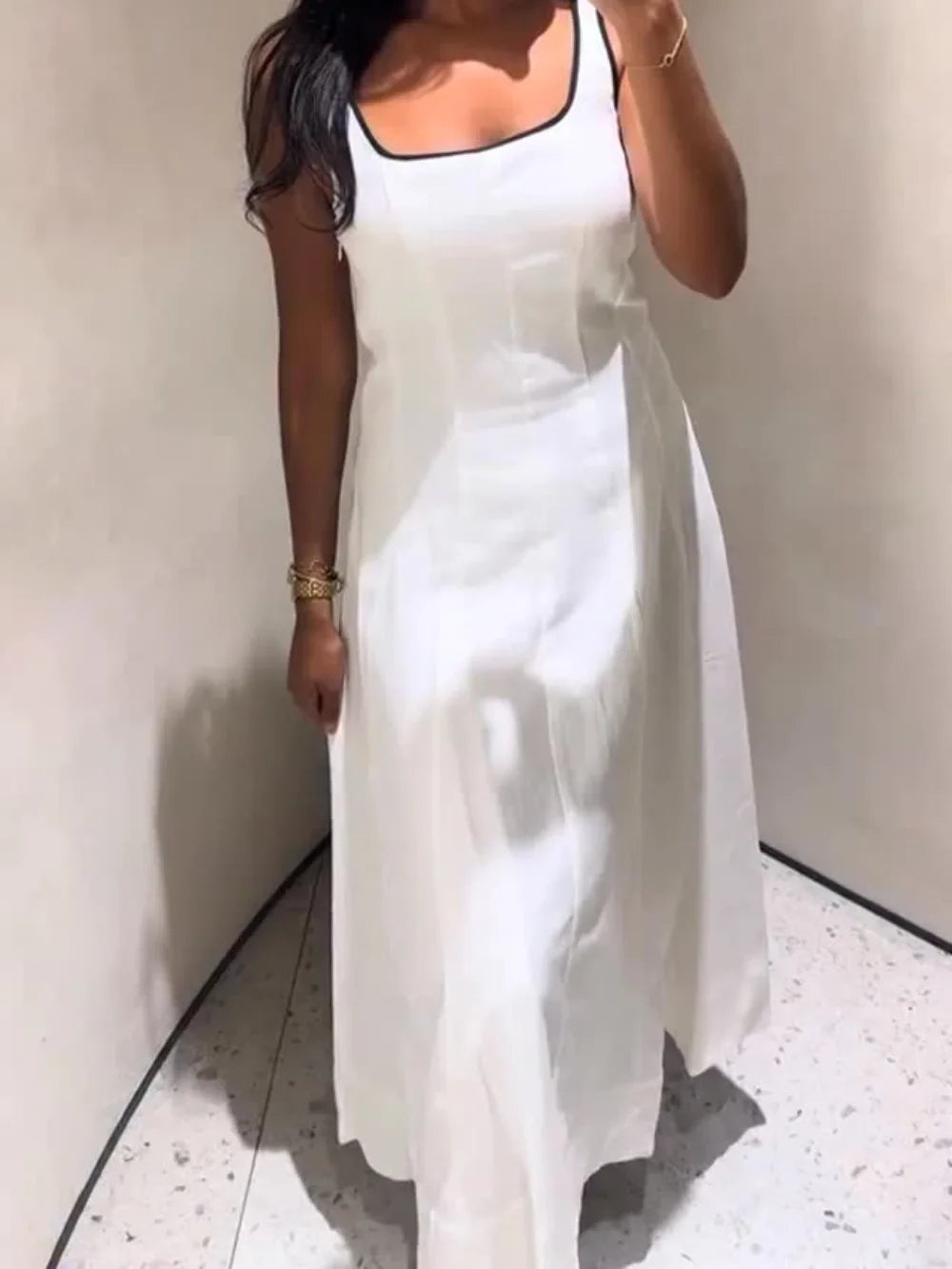 Women's Summer Commuter Simple Casual Midi Dress Sleeveless Square Neck Open Back Side Zipper Bright Line Women's Elegant Dress