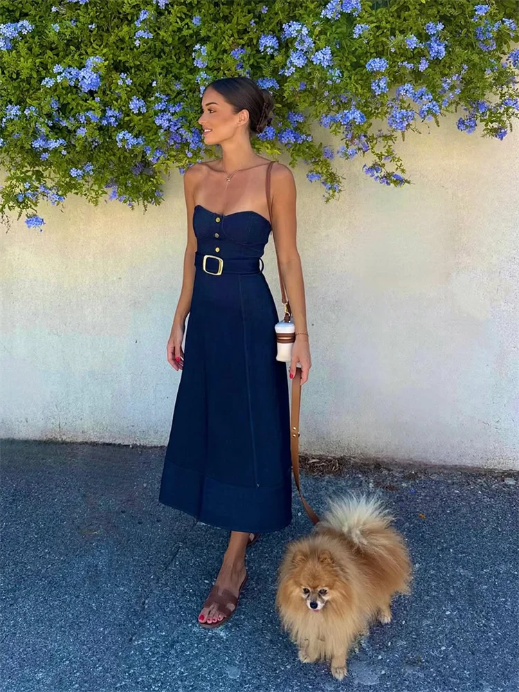 Elegant Off Shoulder Belt Women's Denim Dress Solid Backless Sleeveless Strapless A-line Dresses 2025 Summer Fashion Lady Robes