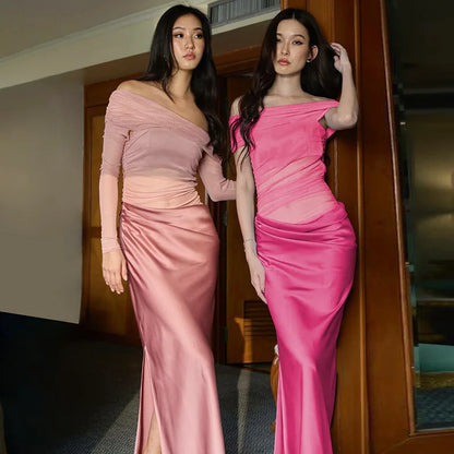 Off-Shoulder Mesh Ruched Bodice Satin Wrap Slit Maxi Dress