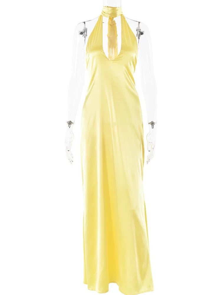 Halter Choker Deep V Neck Satin Column Maxi Gown