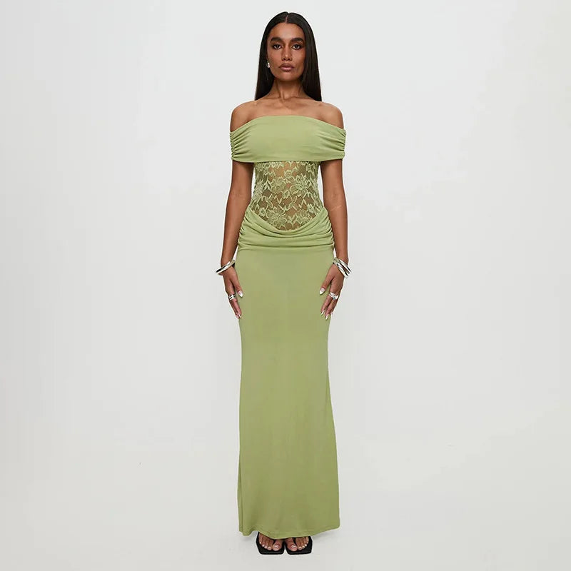 Off Shoulder Floral Lace Panel Ruched Bodycon Maxi Dress