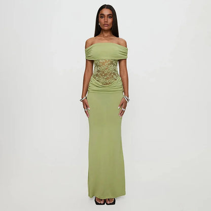 Off Shoulder Floral Lace Panel Ruched Bodycon Maxi Dress