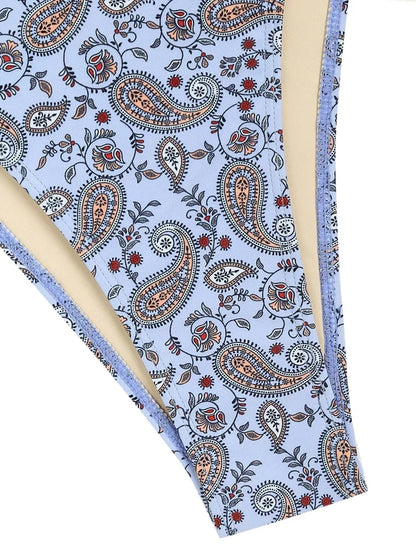 Multiway Floral Paisley Print Swimsuit For Women High Leg Bikini Swimwear Halter Bandeau Bikini Top And Tie Color Block