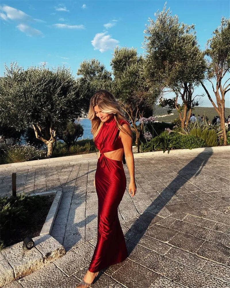 Mock Neck Structured Shoulder Waist Cutout Satin Maxi Gown