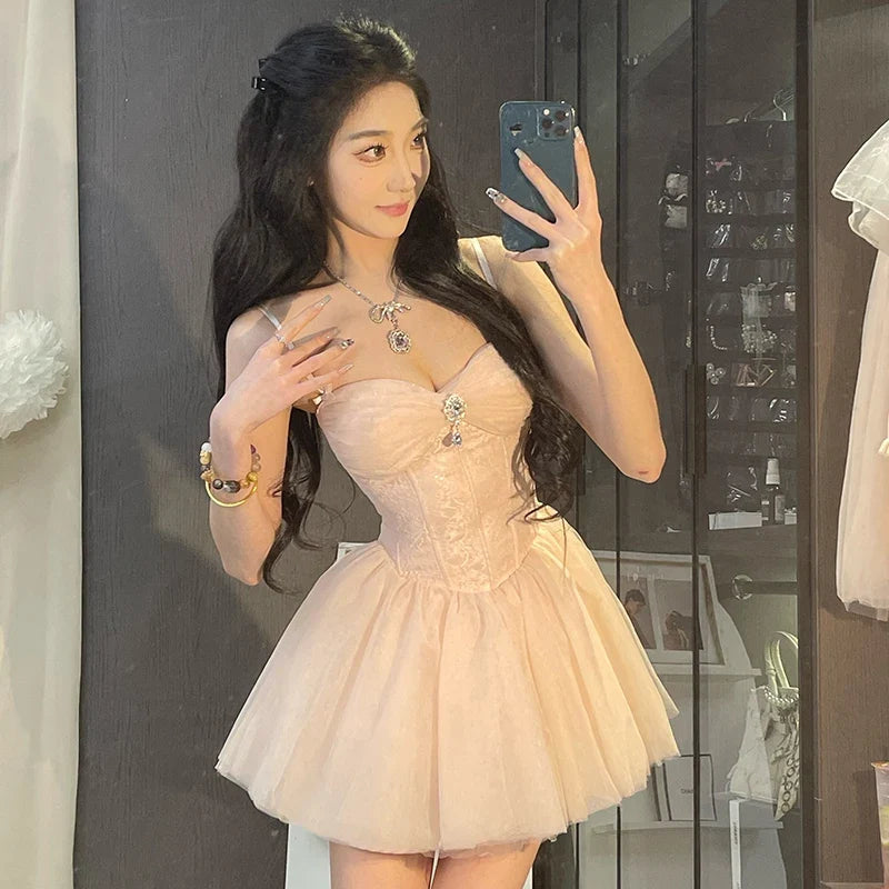 Sweet Mini Dress Women Birthday Party Mesh Patchwork Spaghetti Strap Dresses Summer Y2K Korean Fashion Bodycon Design Vestidos