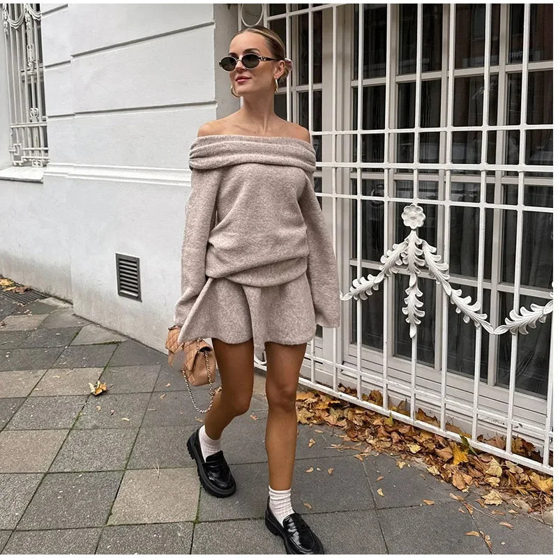 Elegant Solid Color Cashmere Women's Mini Skirt Suits One Neck Off Shoulder Long Sleeved Sweater Sets Lady High Street Outfits