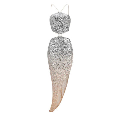 Halter Neck Ring Detail Sequin Crop Top High Slit Skirt Set