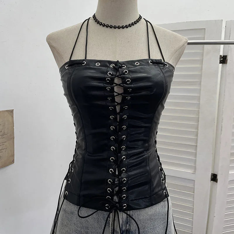 PU Leather Lace-Up Corset Top Slim Fit Spaghetti Strap Hollow Out Summer Gothic Women Camisole Versatile Seductive Lady Top