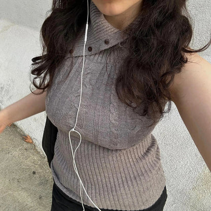 Twist Patchwork Knit Sweater Pullover Vest Female Solid Ribbed Sleeveless Hollow Out Cropped Y2k Top Knitwear Tank Top