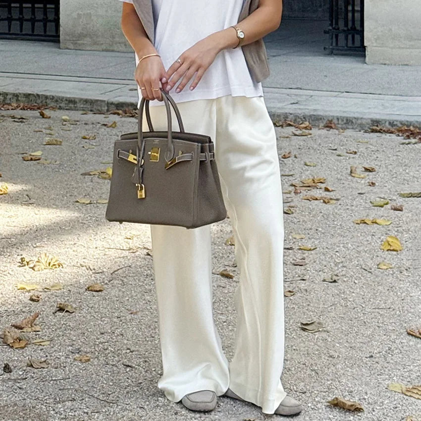 New straight leg pants with satin finish, high waisted and drooping casual pants