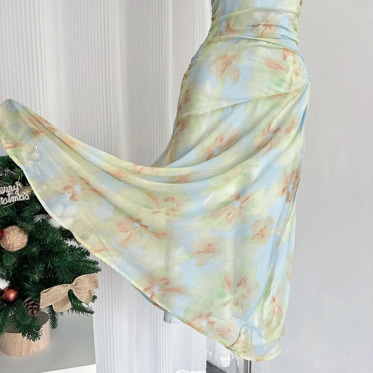 Suspender Dress Printed Long Chiffon Waist Slimming Atmosphere Female 24 New Summer Sweet Long Dress