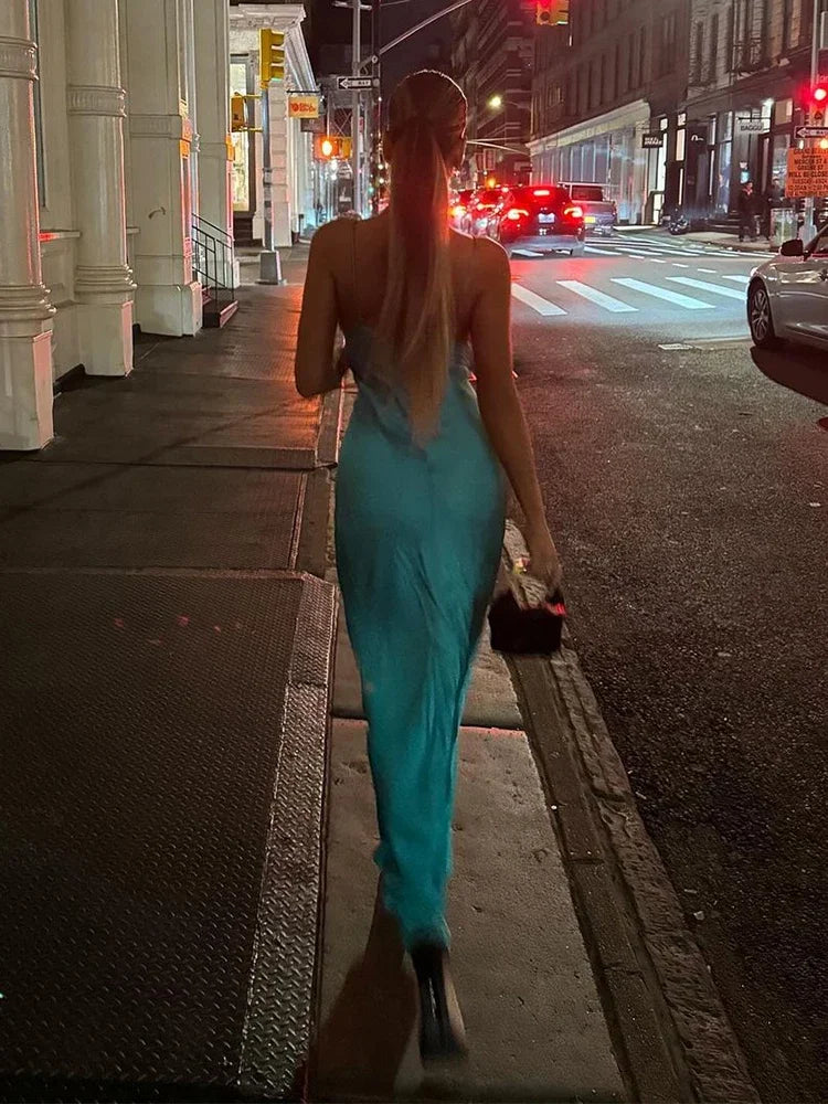 Sexy Satin Deep V Neck Hollow Out slim Long Dress Women Fashion backless High Waist Pleated Sling Robes 2024 Lady Party Vestidos