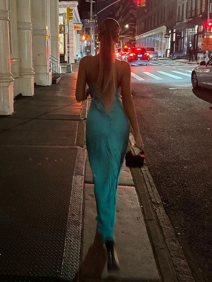 Sexy Satin Deep V Neck Hollow Out slim Long Dress Women Fashion backless High Waist Pleated Sling Robes 2024 Lady Party Vestidos