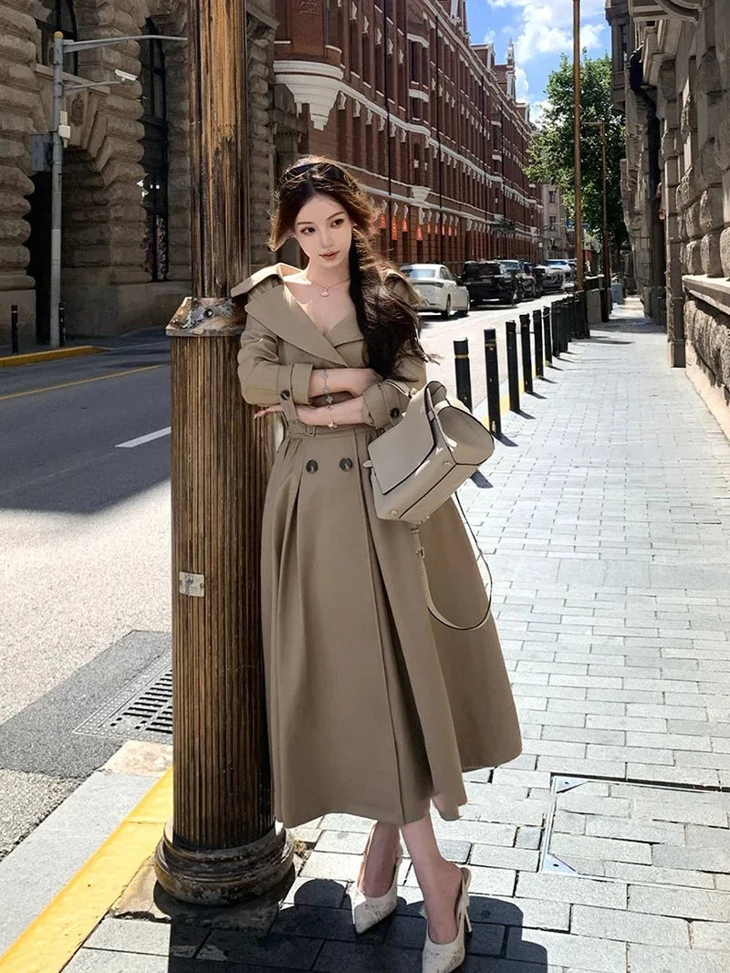 Long Trench Coat Women Streetwear Belt Sexy Off Shoulder Jackets Korean Double Breasted Outerwears Fall Winter Fashion Overcoat