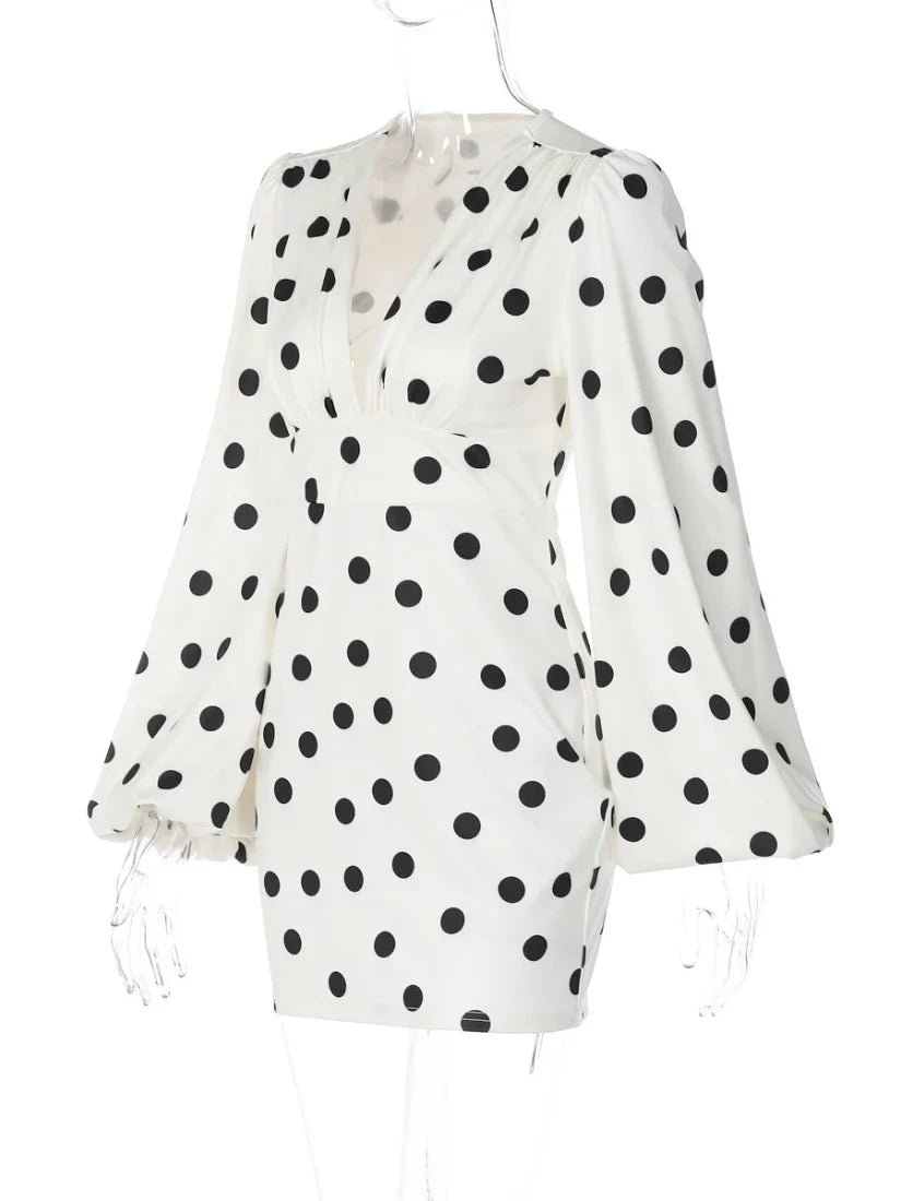 Spring Autumn Polka Dot Print Mini Dress Women Elegant Deep V Neck Flare Sleeve Slim High Waist A Line Short Party Dresses