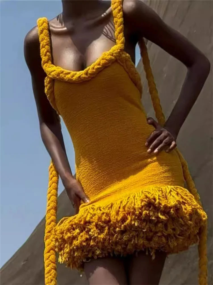 Halter Braided Neck Fringe Hem Boucle Mini Dress