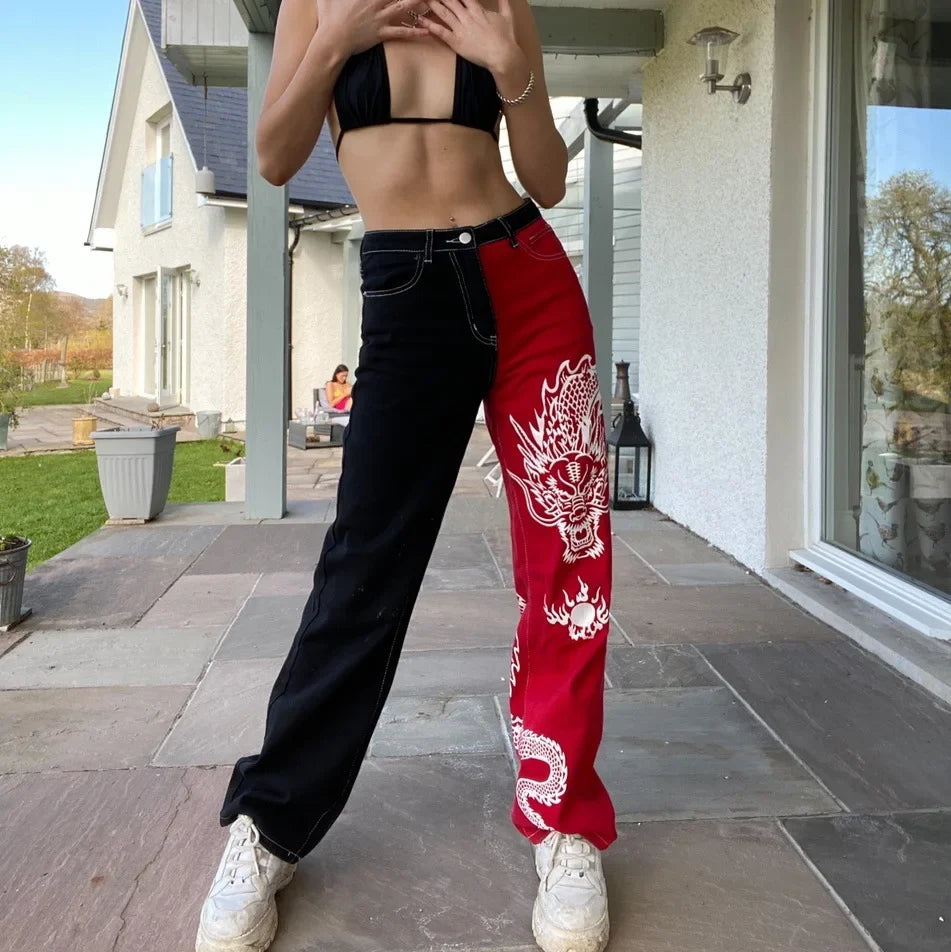 Ladies Fashion Y2k Baggy Black Wind Dragon Printed Woman High Waist Straight Leg Jeans Graphic Streetwear Denim Trousers
