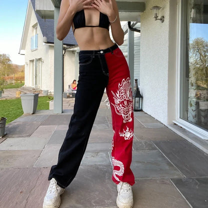 Ladies Fashion Y2k Baggy Black Wind Dragon Printed Woman High Waist Straight Leg Jeans Graphic Streetwear Denim Trousers