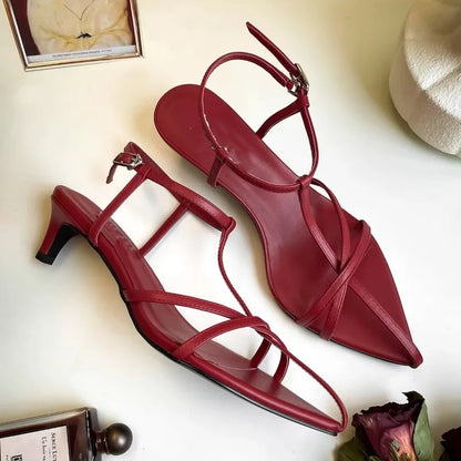 Women Fashion Sandals Thin Low Heels Pointed Open Toe Ankle Strap Dress Shoes Solid Color Summer Ladies Thin Low Heels Sandals