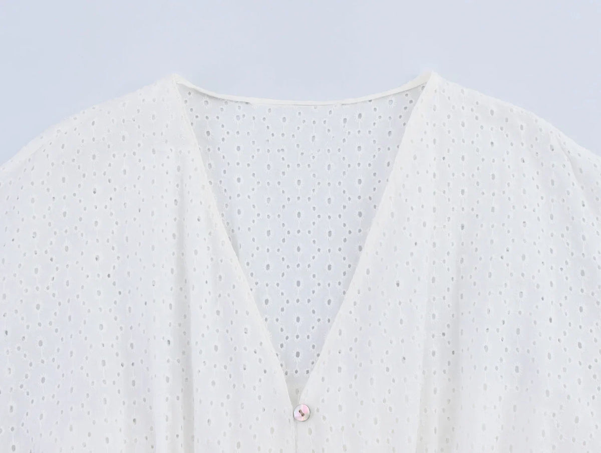 Lantern Sleeve Flower Embroidery Short Dress Elastic Waist A-line White Women Dress Vacation Casual Summer Dresses