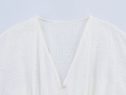 Lantern Sleeve Flower Embroidery Short Dress Elastic Waist A-line White Women Dress Vacation Casual Summer Dresses