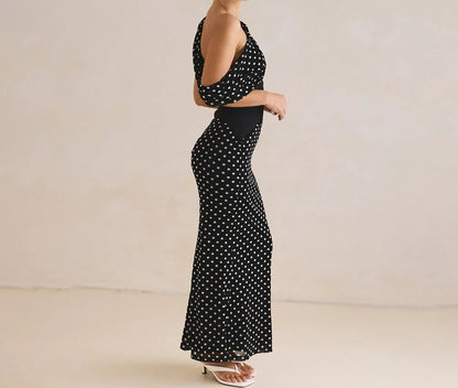 Personalized Design Diagonal Neck Off-the-shoulder Polka Dot Dress Female Sexy Slim Mesh See-through Backless Dress