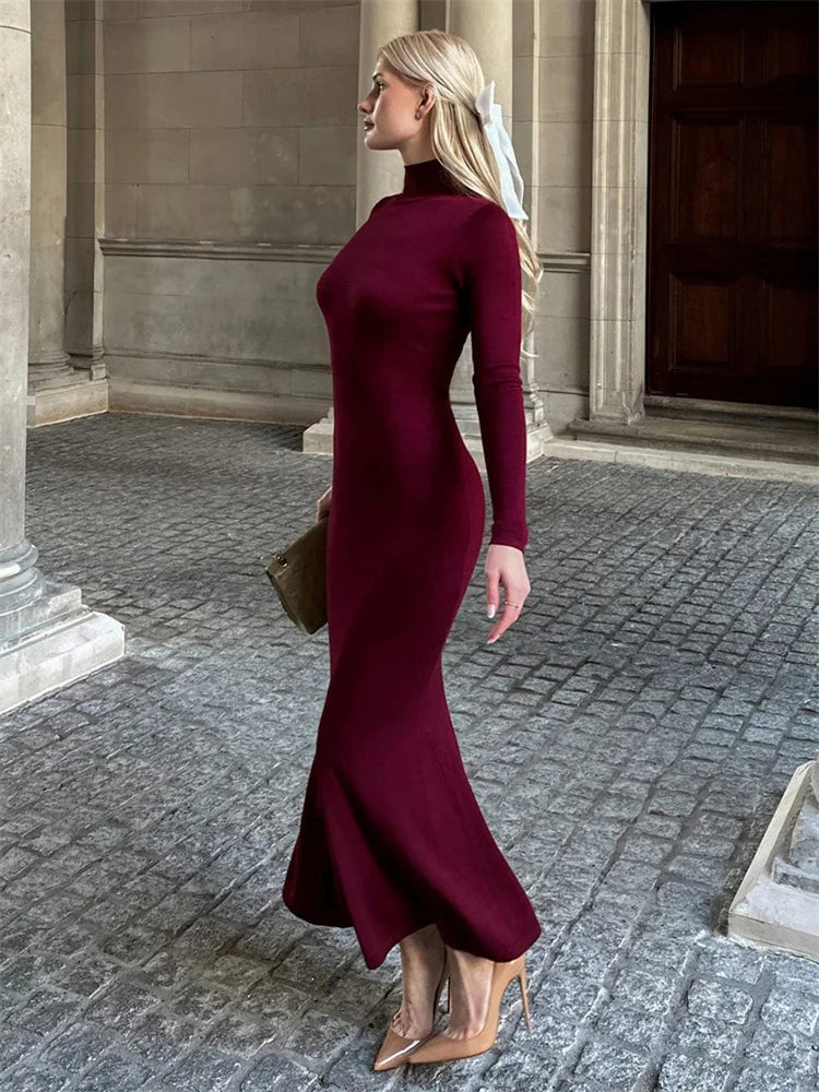Mock Neck Ribbed Mermaid Hem Maxi Dress