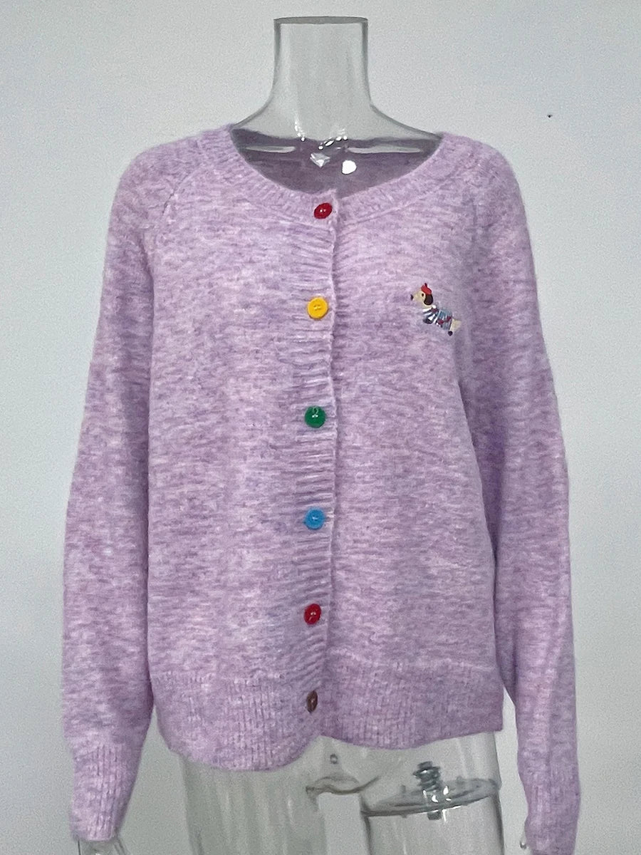 Little Dog Embroidery Cardigan Autumn O Neck Single Breasted Knitted Outerwear Women Simple Fashion Casual Long Sleeve Jumper