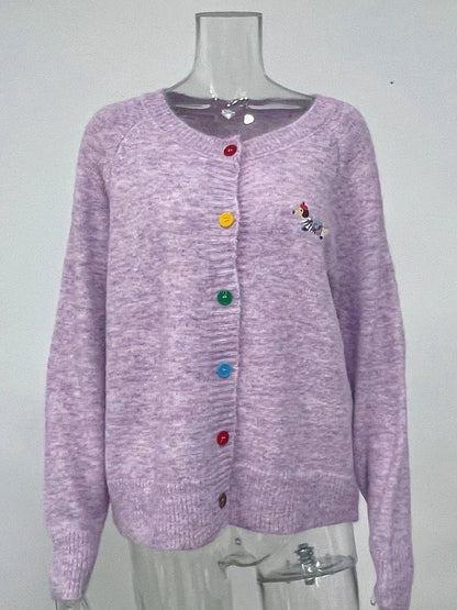 Little Dog Embroidery Cardigan Autumn O Neck Single Breasted Knitted Outerwear Women Simple Fashion Casual Long Sleeve Jumper