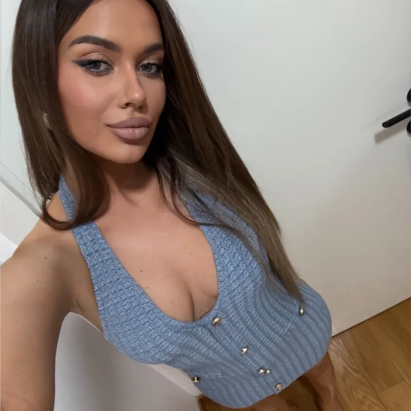 Halter Neck Single Breasted Knit Women Dress Sleeveless Tight Blue Summer Short Dress 2025 New Sexy French Woman Clothing