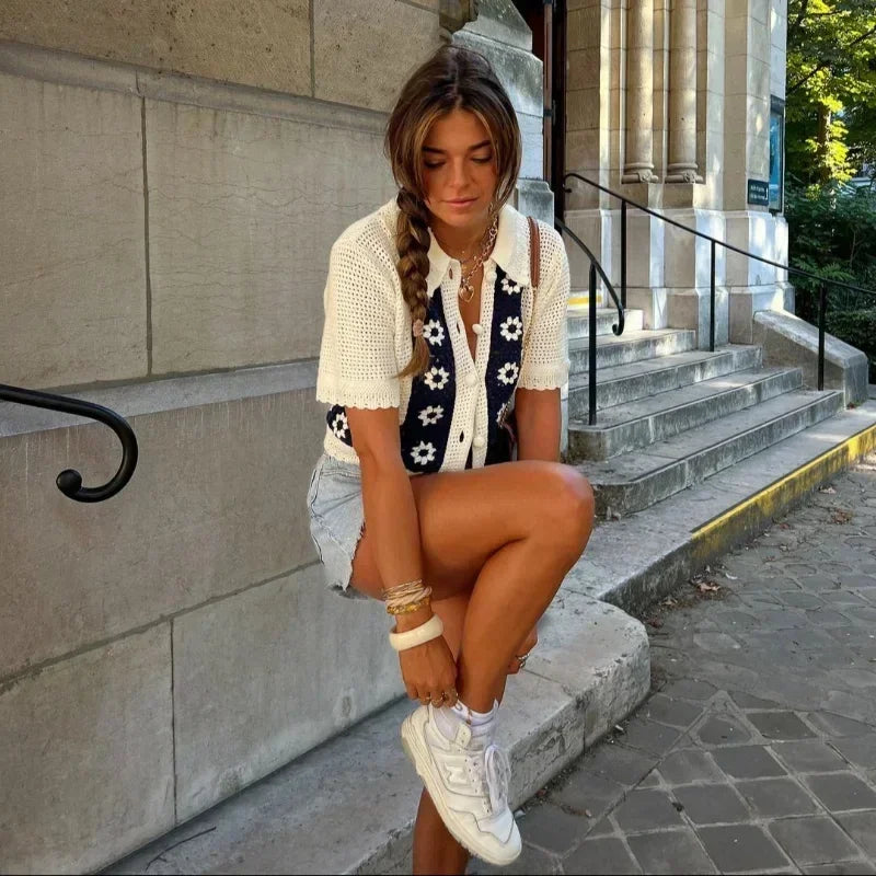 Casual Knitted Floral Cardigan Women Hollow Out Lapel Single Breasted Short Sleeve Sweaters 2024 Autumn New Lady Tops