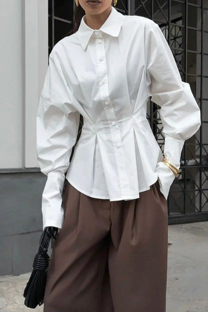 Pure cotton shirt for women, high-end, light luxury, versatile, pleated, waist cinching, slim fit, long sleeved, lapel shirt