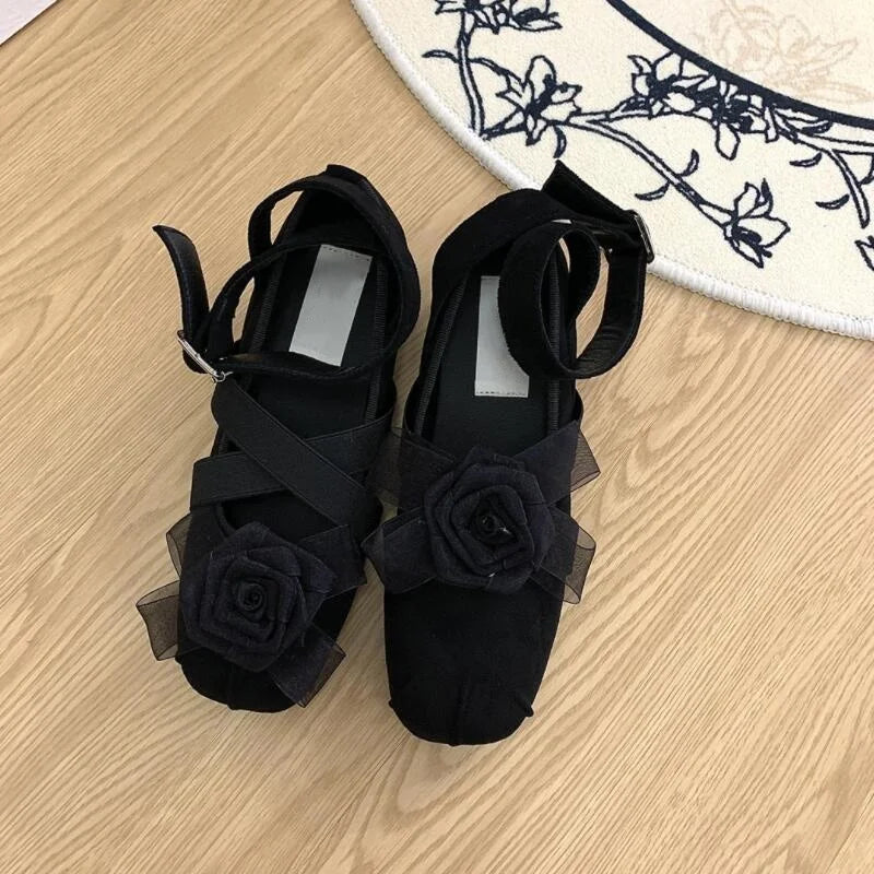 New Fashion Flower Square Toe Shallow Shoes Women Buckle Vintage Suede Autumn Women's Party Comfort Ballerinas Shoes