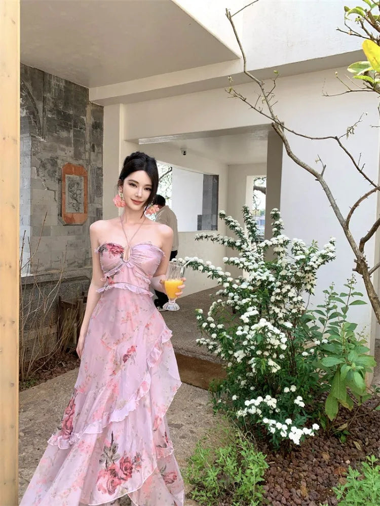 Woman Dress Sexy Elegant Sleeveless Floral Printed Spring Fashion Irregular Ruffles Holiday Hollow Out Backless Dresses