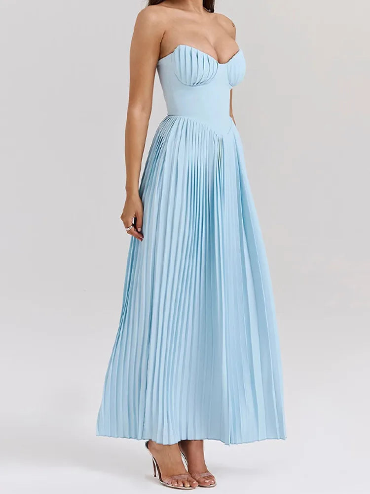 Pleated Scoop Neck Spaghetti Strap Maxi Dress