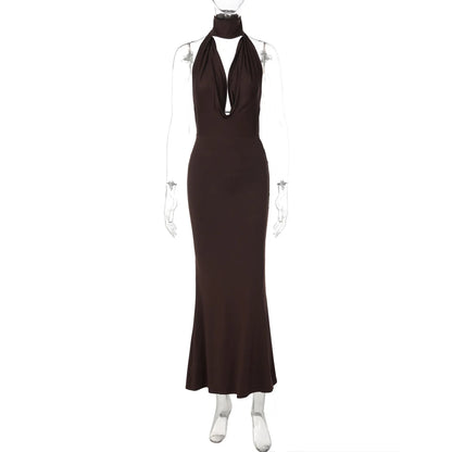 women's sexy hollow out swinging neck backless princess style slim fit bag hip slit hanging neck dress