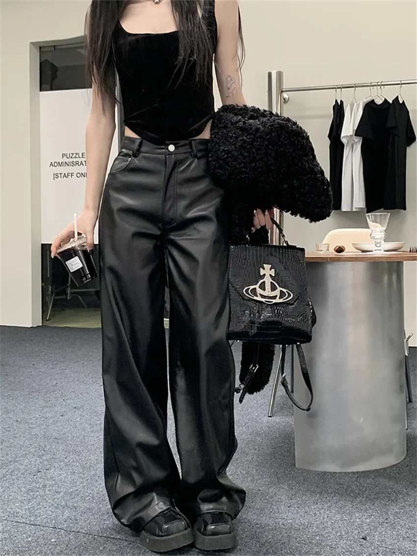 Casual Slim Faux PU Pants Women Chic Slim Autumn Office Lady High Street Fashion New Daily Fashion Loose