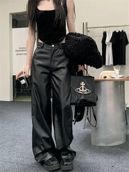 Casual Slim Faux PU Pants Women Chic Slim Autumn Office Lady High Street Fashion New Daily Fashion Loose