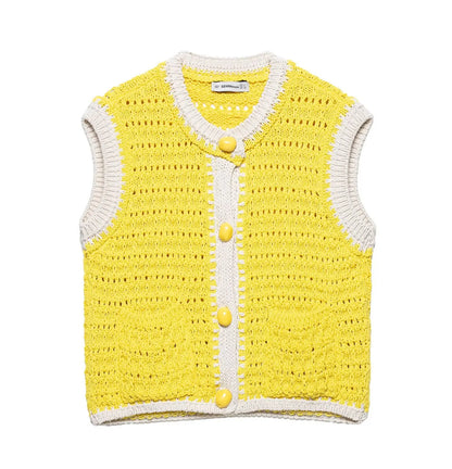 Women's Casual Solid Color Commuter Vest Top New Single-Breasted Short Knitted Sweater Vest Round Neck Sleeveless Top