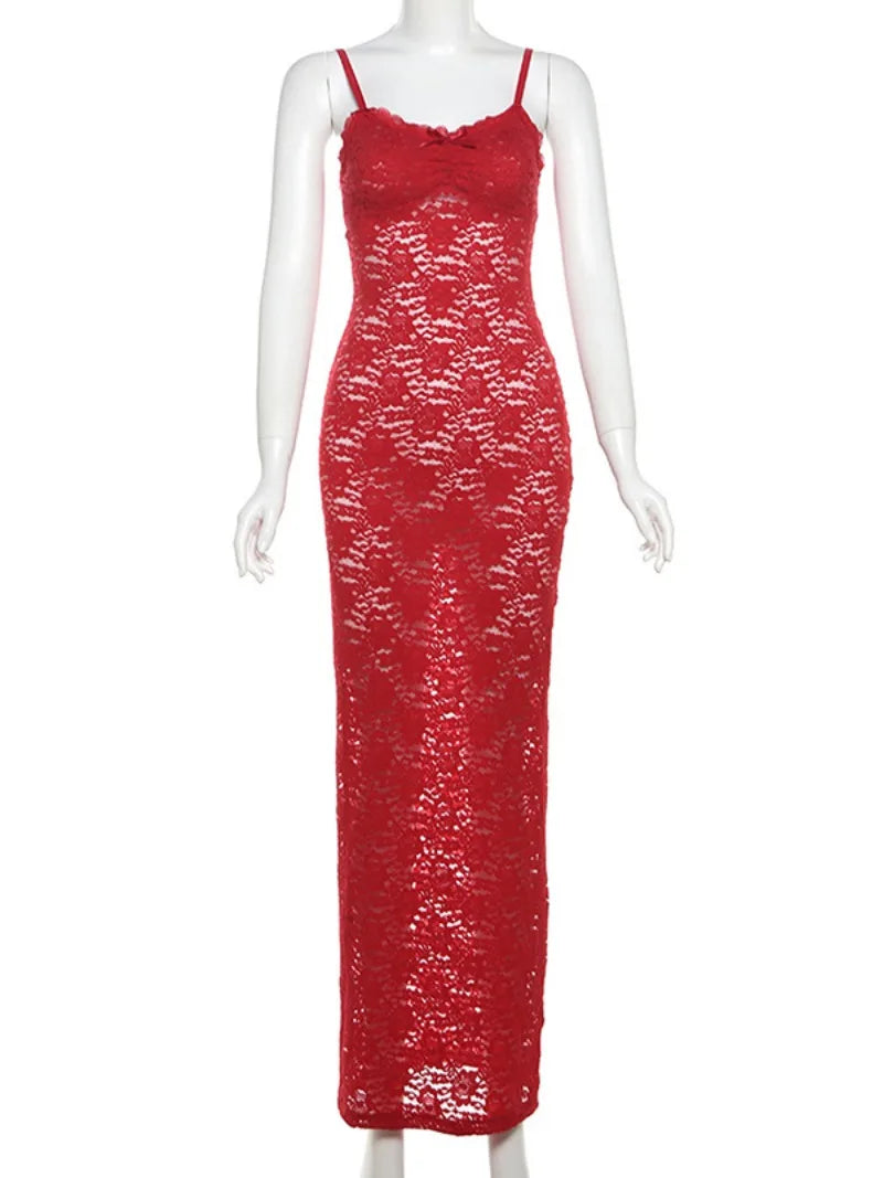 Woman Elegant Bowknot Red Lace Dress Streetwear Sexy Spaghetti Strap Backless Bodycon See-through Long Party Vacation Dresses