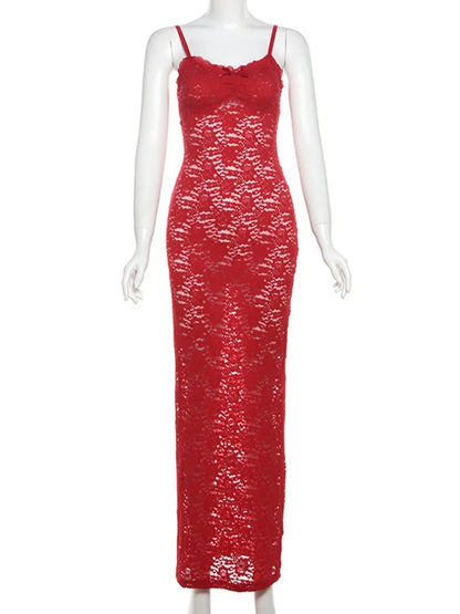 Woman Elegant Bowknot Red Lace Dress Streetwear Sexy Spaghetti Strap Backless Bodycon See-through Long Party Vacation Dresses
