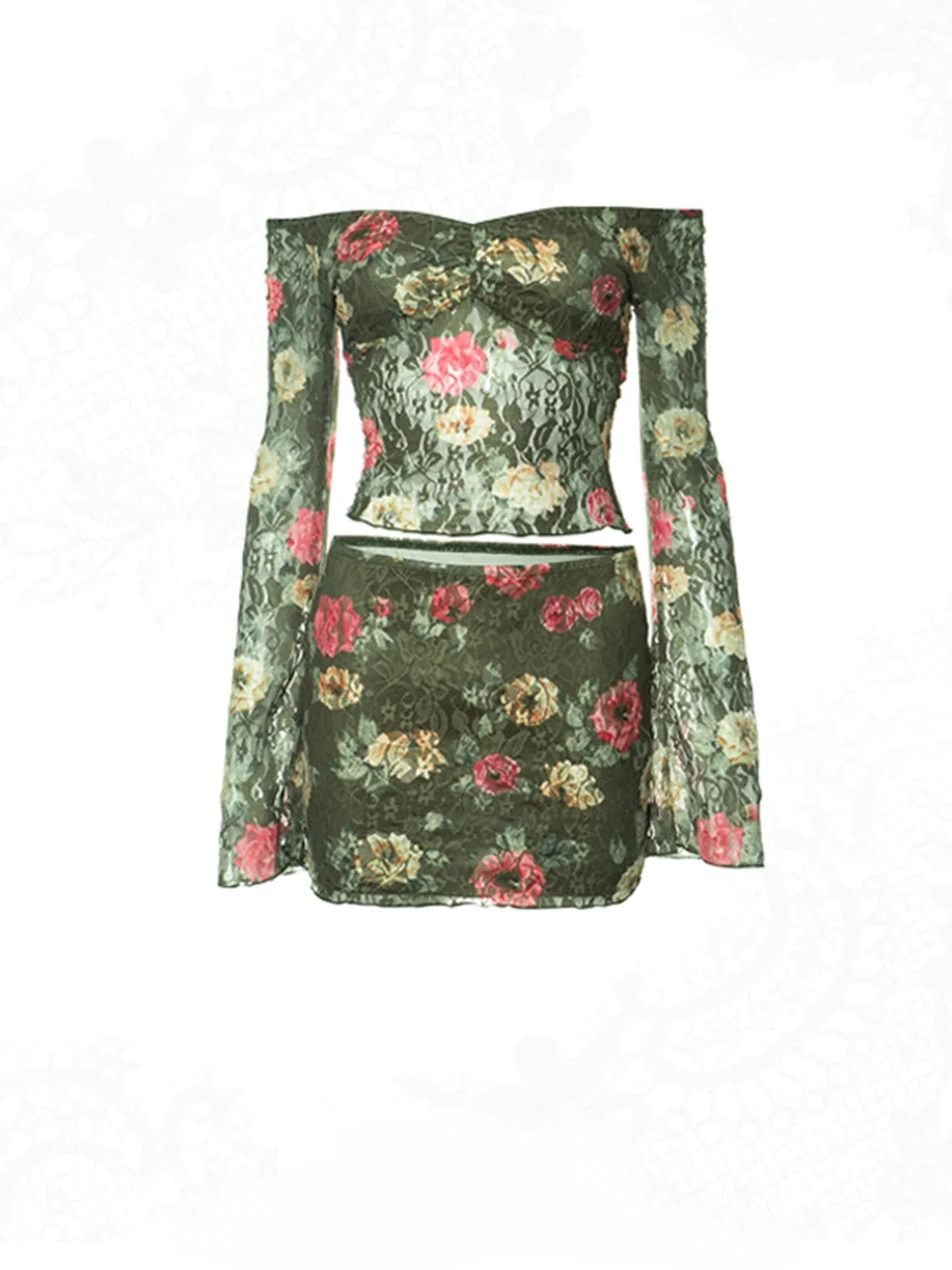American Retro One Shoulder Lace Perspective Long Sleeved Open Navel Top Street Sexy Half Skirt Flower Set
