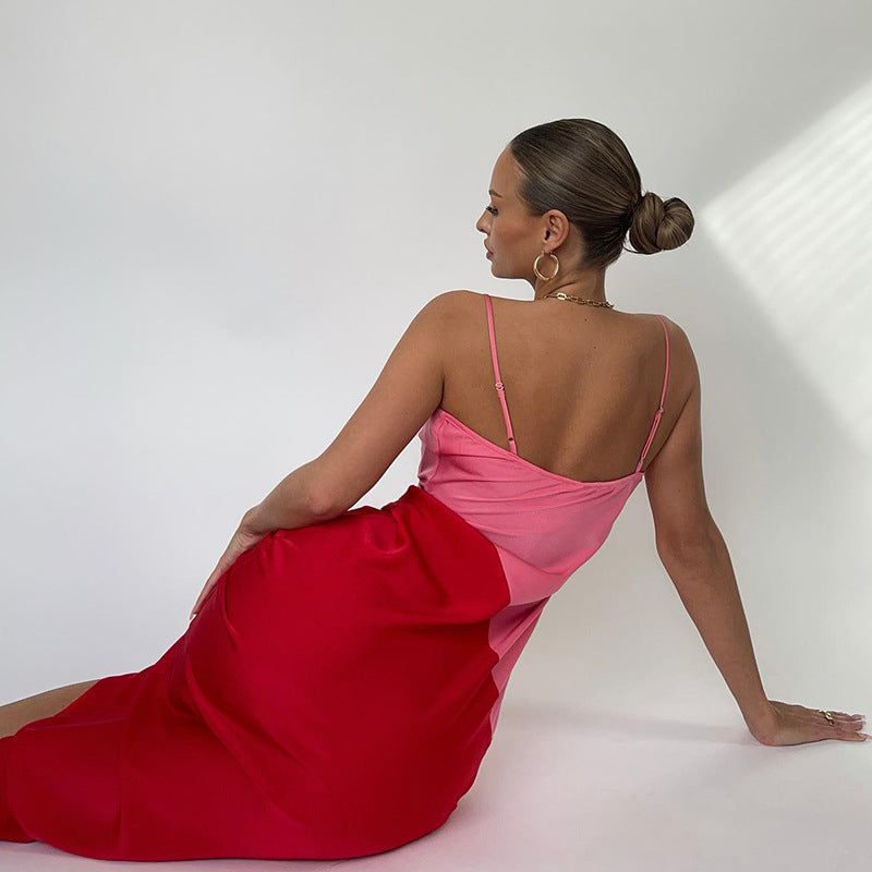 Diagonal Colorblock Cowl Neck Spaghetti Strap Satin Midi Dress