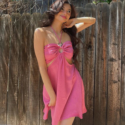 spring new sweet women's hollow fashion dress hanging neck Lace-up skirt wrap chest